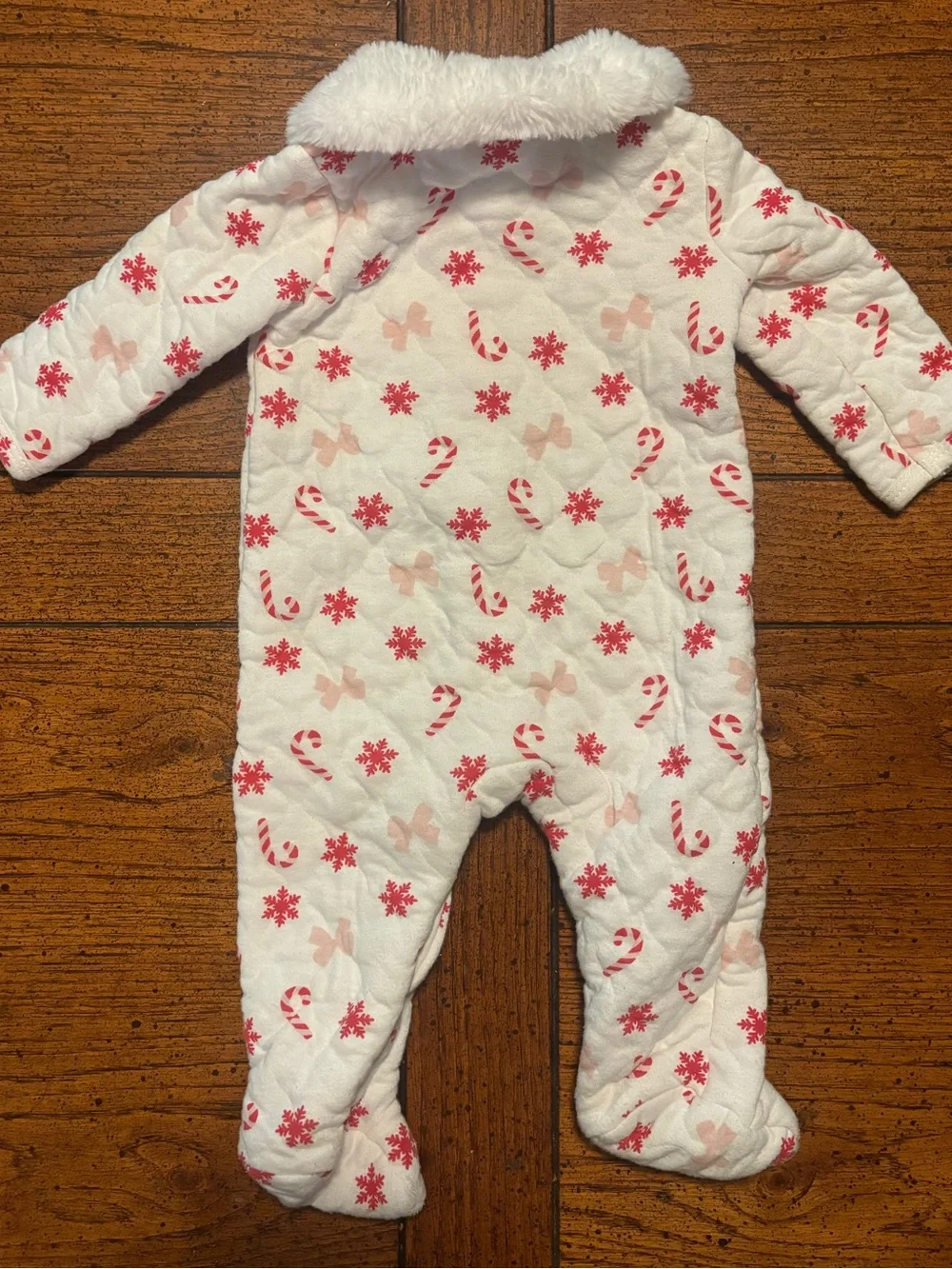 Baby Girl Christmas Footed Pajama, Faux Fur Collar, White, Red, 3-6 month
